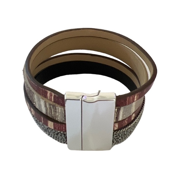 Multi Strand Red & Grey Leather Bracelet - Picture 2 of 3